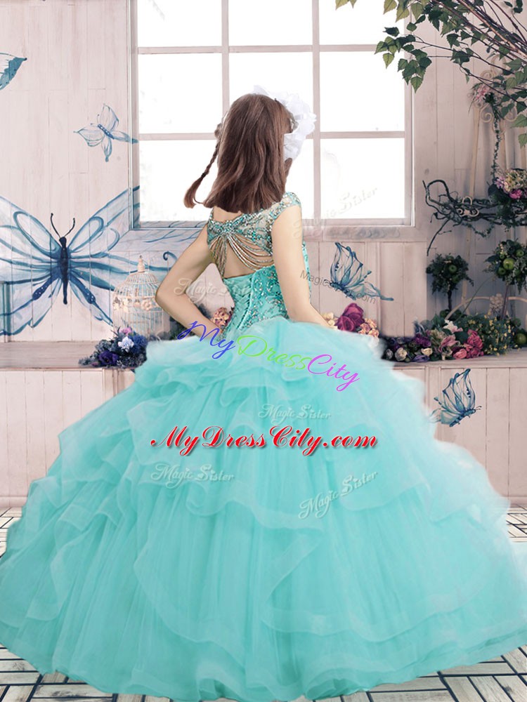 Floor Length Yellow Little Girls Pageant Gowns Tulle Sleeveless Beading