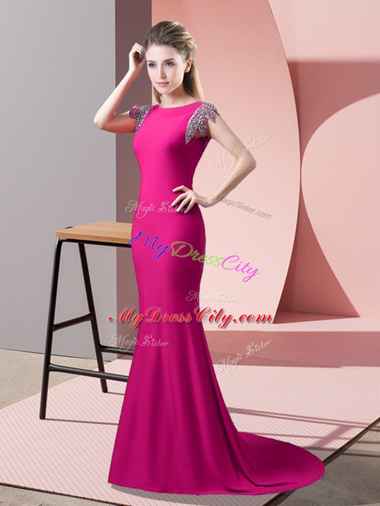 Cheap Backless Cocktail Dresses Hot Pink for Prom and Party with Beading Brush Train