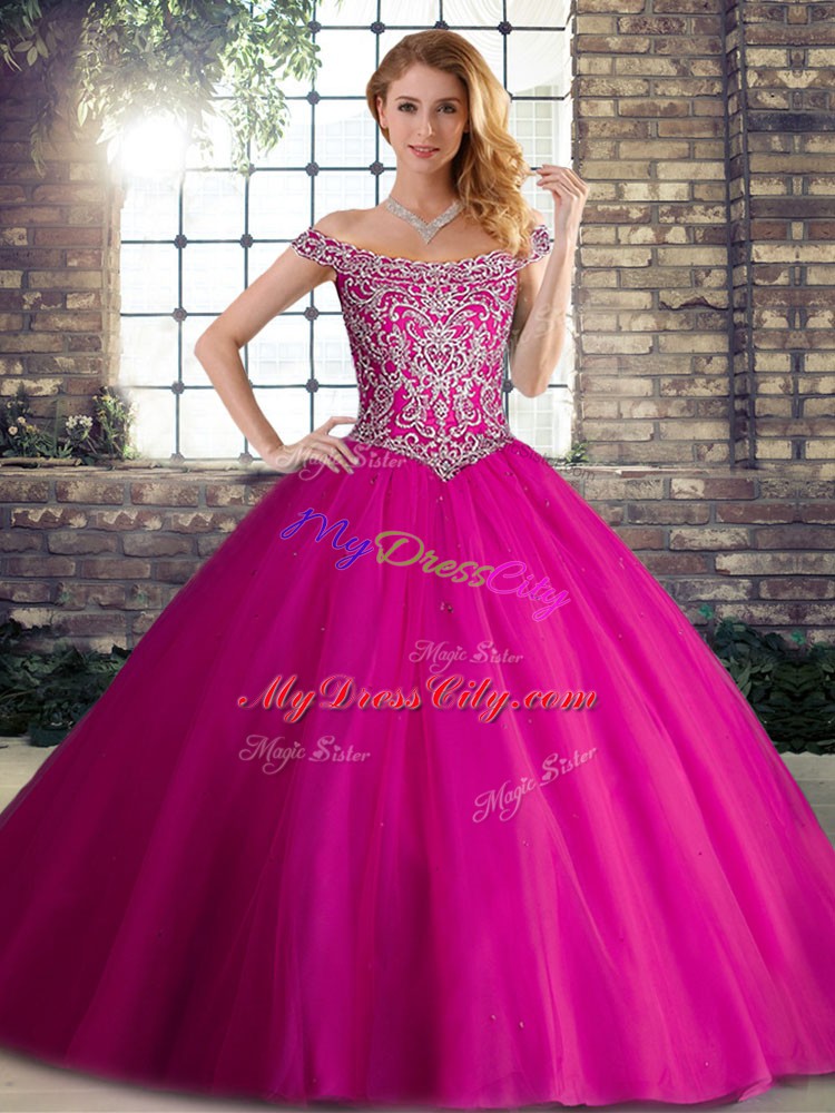 Artistic Fuchsia Lace Up Off The Shoulder Beading Ball Gown Prom Dress Tulle Sleeveless Brush Train