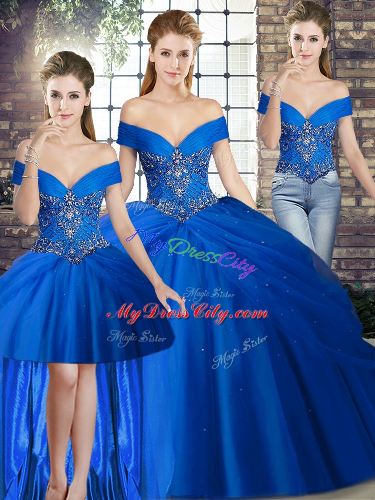 Royal Blue Lace Up Quinceanera Gowns Beading and Pick Ups Sleeveless Brush Train