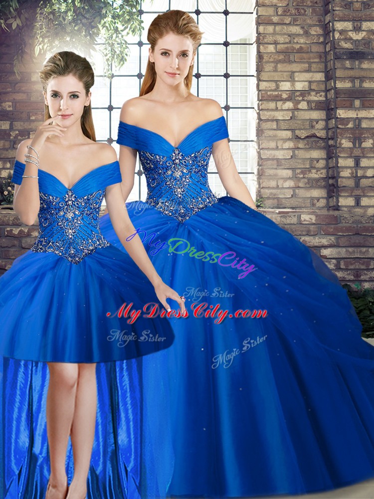 Royal Blue Lace Up Quinceanera Gowns Beading and Pick Ups Sleeveless Brush Train