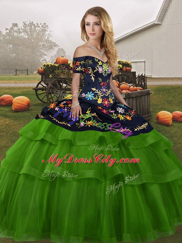 Luxurious Green 15th Birthday Dress Off The Shoulder Sleeveless Brush Train Lace Up