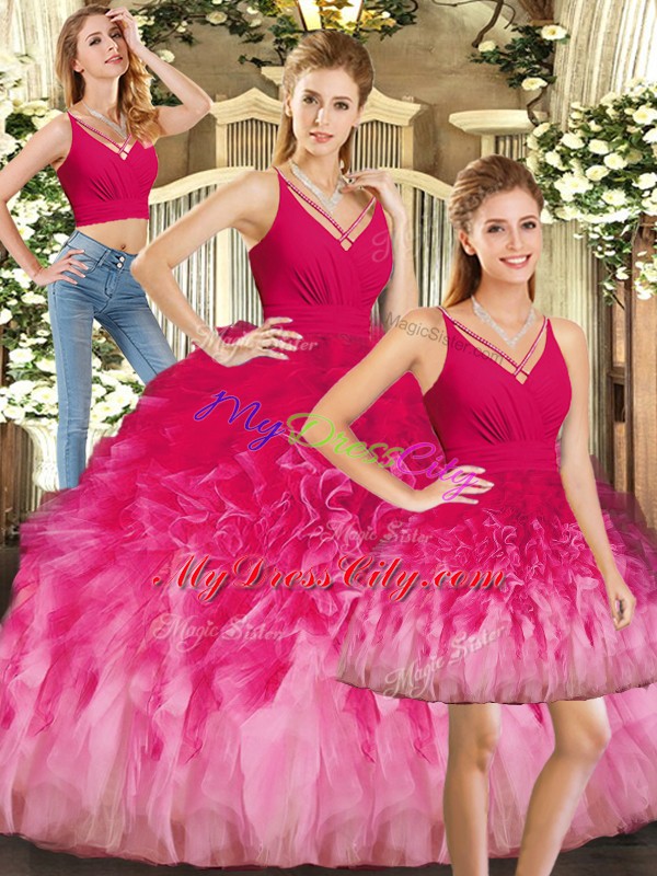 Sophisticated Multi-color Three Pieces Ruffles Sweet 16 Quinceanera Dress Backless Tulle Sleeveless Floor Length