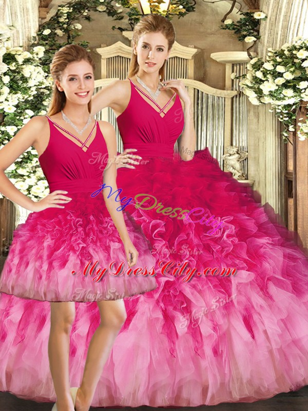 Sophisticated Multi-color Three Pieces Ruffles Sweet 16 Quinceanera Dress Backless Tulle Sleeveless Floor Length