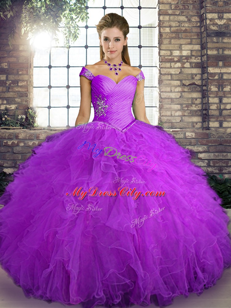 Trendy Purple Ball Gowns Beading and Ruffles Quinceanera Dresses Lace Up Tulle Sleeveless Floor Length