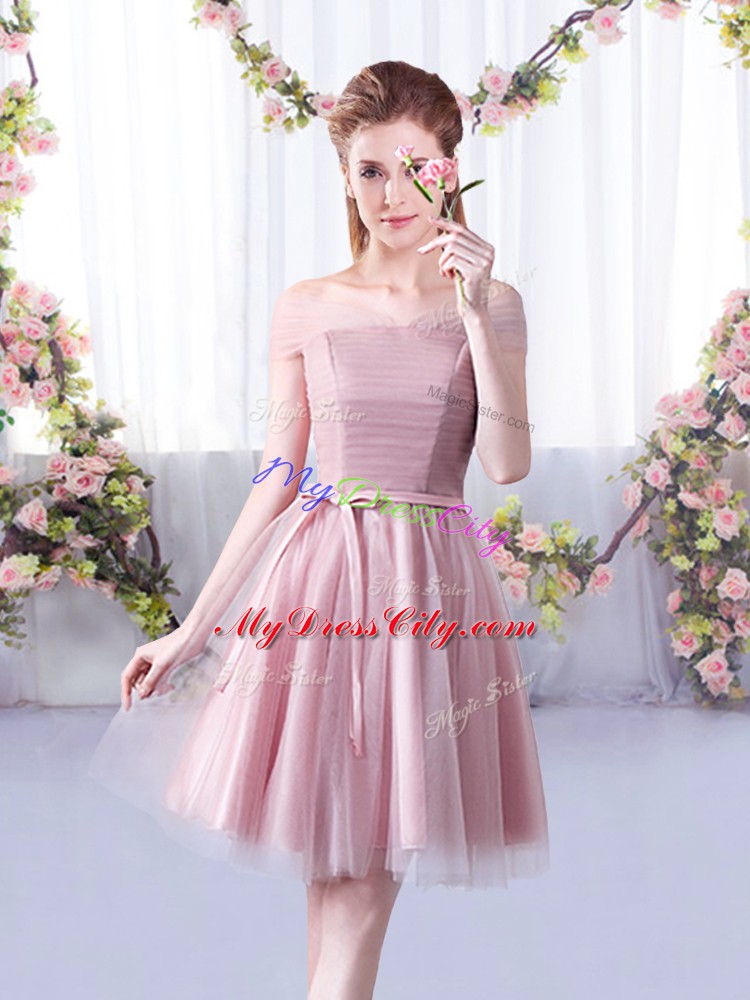 Great Pink Sleeveless Belt Knee Length Bridesmaid Dresses