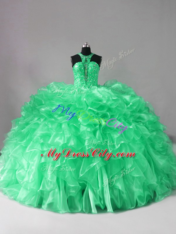 Free and Easy Halter Top Sleeveless Organza Quinceanera Gown Beading and Ruffles Brush Train Lace Up