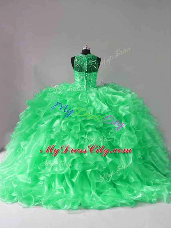 Free and Easy Halter Top Sleeveless Organza Quinceanera Gown Beading and Ruffles Brush Train Lace Up