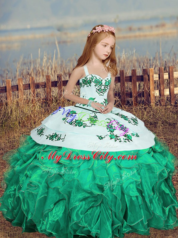 Excellent Turquoise Ball Gowns Organza Straps Sleeveless Embroidery and Ruffles Floor Length Lace Up Winning Pageant Gowns