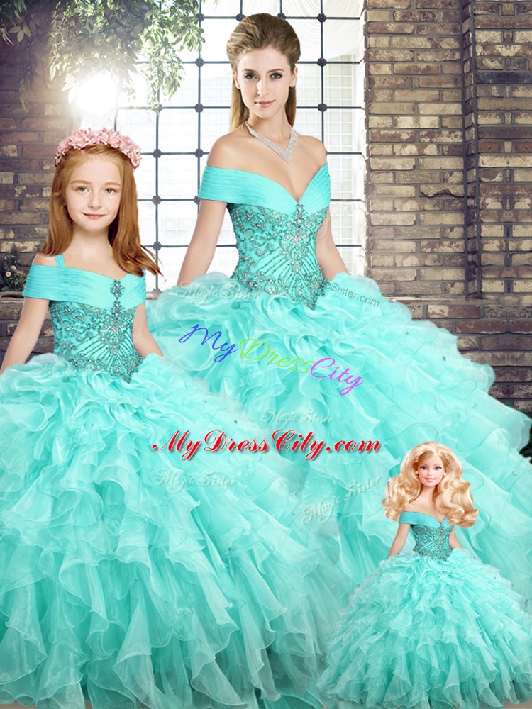 Organza Off The Shoulder Sleeveless Brush Train Lace Up Beading and Ruffles 15th Birthday Dress in Aqua Blue