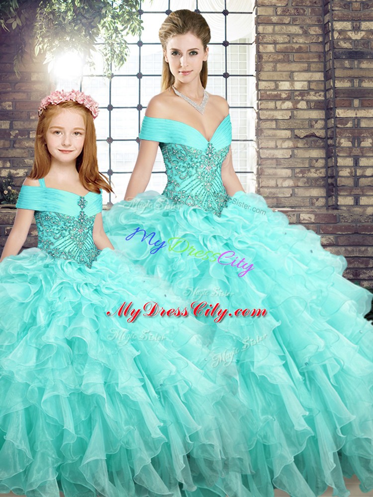 Organza Off The Shoulder Sleeveless Brush Train Lace Up Beading and Ruffles 15th Birthday Dress in Aqua Blue