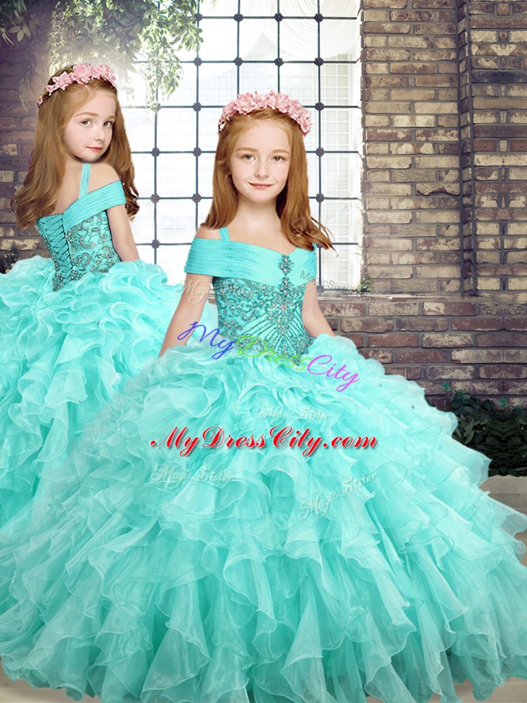 Organza Off The Shoulder Sleeveless Brush Train Lace Up Beading and Ruffles 15th Birthday Dress in Aqua Blue