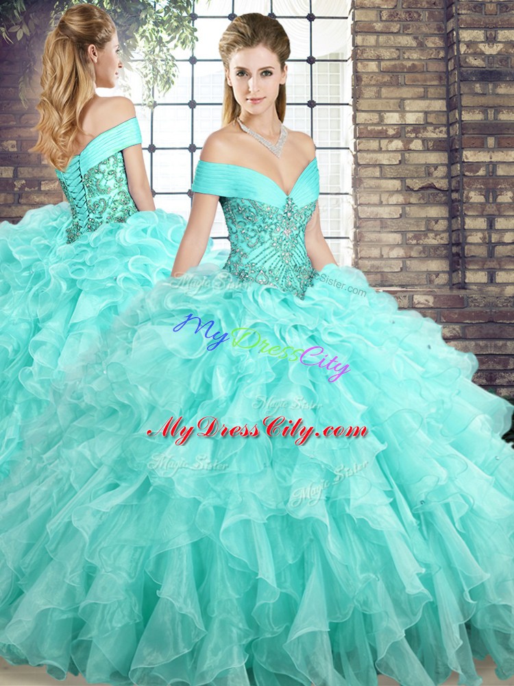 Organza Off The Shoulder Sleeveless Brush Train Lace Up Beading and Ruffles 15th Birthday Dress in Aqua Blue