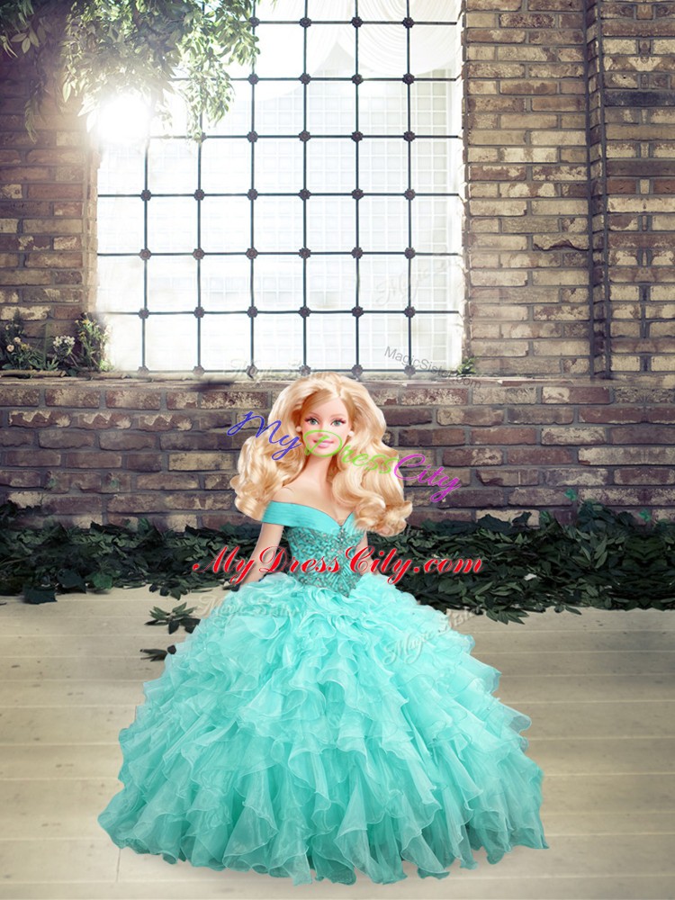 Organza Off The Shoulder Sleeveless Brush Train Lace Up Beading and Ruffles 15th Birthday Dress in Aqua Blue