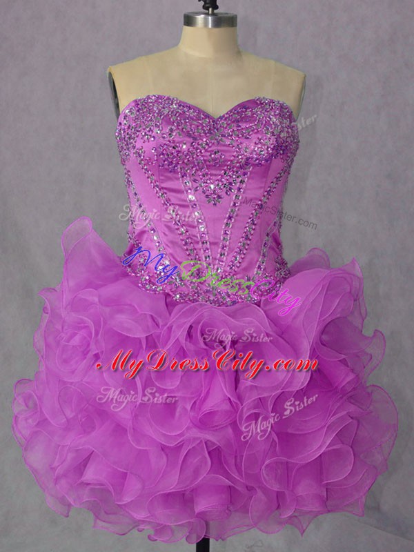 Sleeveless Mini Length Beading and Ruffles Lace Up Prom Dress with Lilac