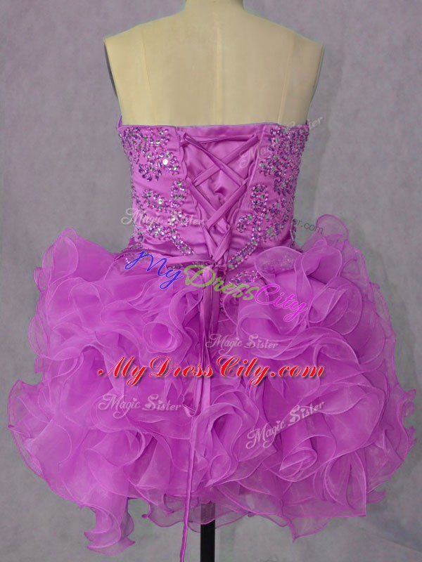 Sleeveless Mini Length Beading and Ruffles Lace Up Prom Dress with Lilac