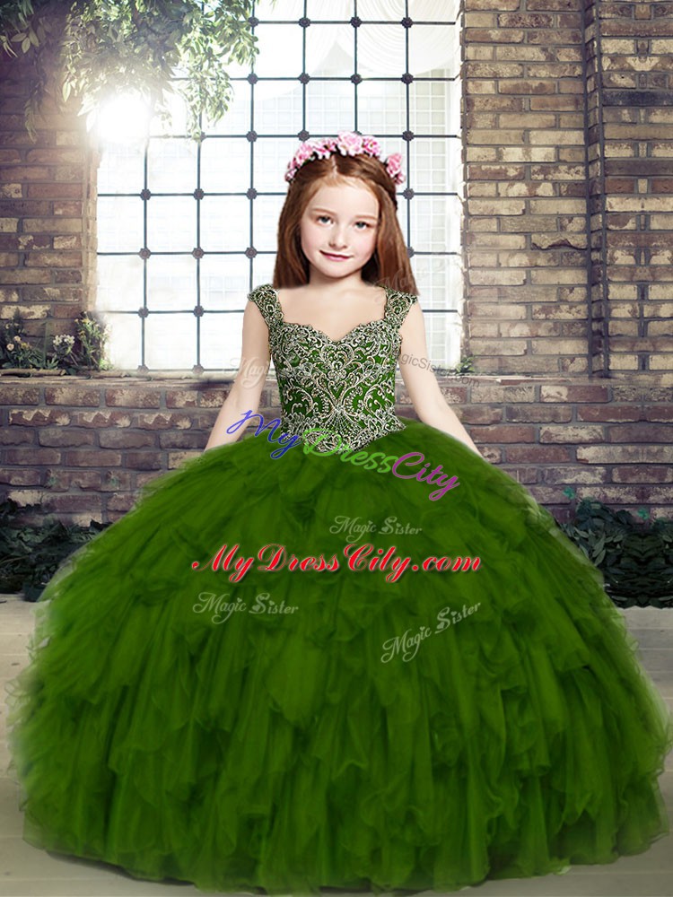 Straps Sleeveless Lace Up Kids Formal Wear Olive Green Tulle