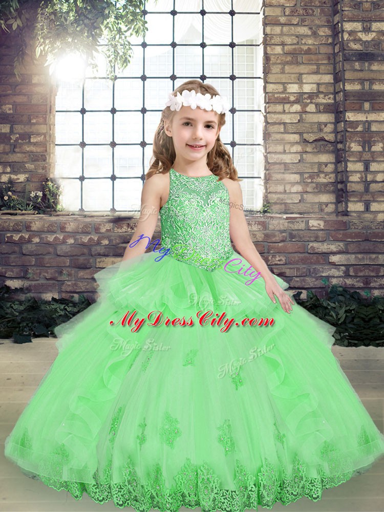 Latest Yellow Green Scoop Lace Up Appliques Pageant Dress for Girls Sleeveless