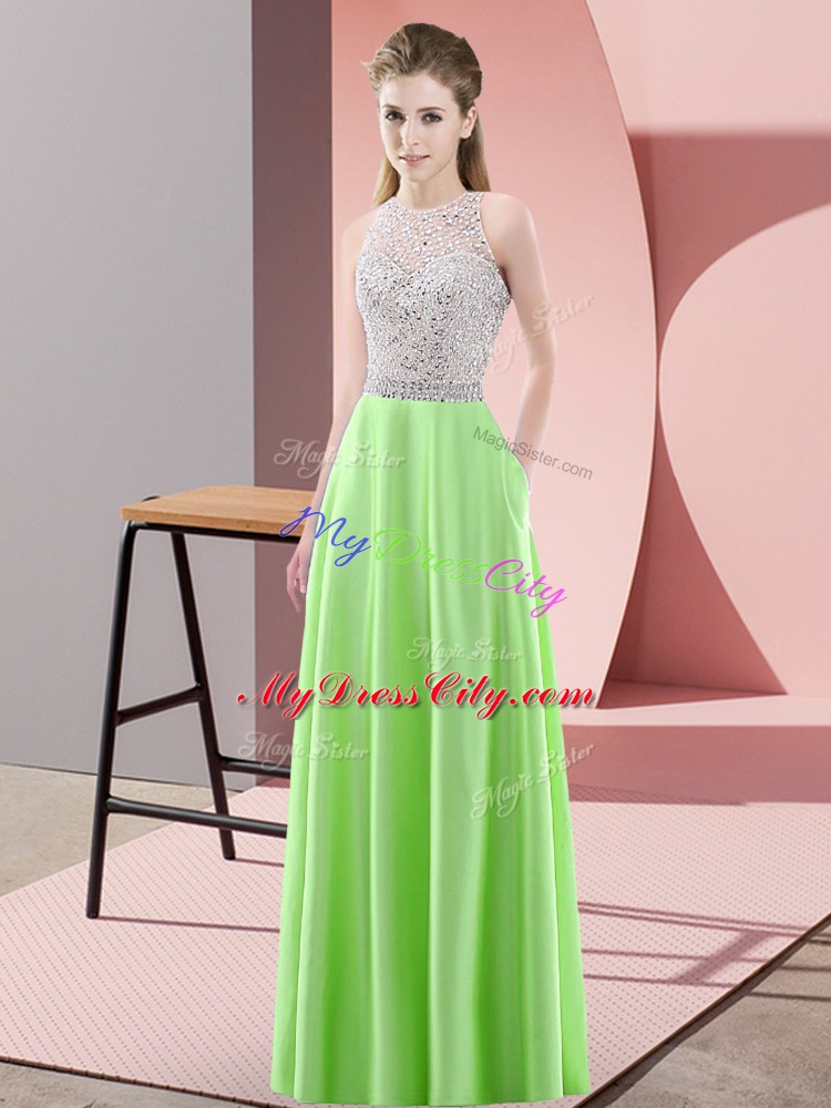 Empire Satin Scoop Sleeveless Beading Floor Length Backless Going Out Dresses