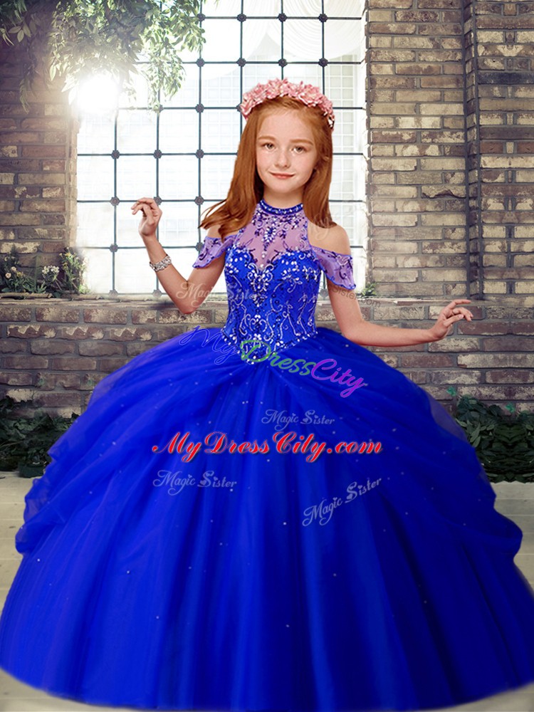 Royal Blue Tulle Lace Up Halter Top Sleeveless Floor Length Pageant Gowns For Girls Beading