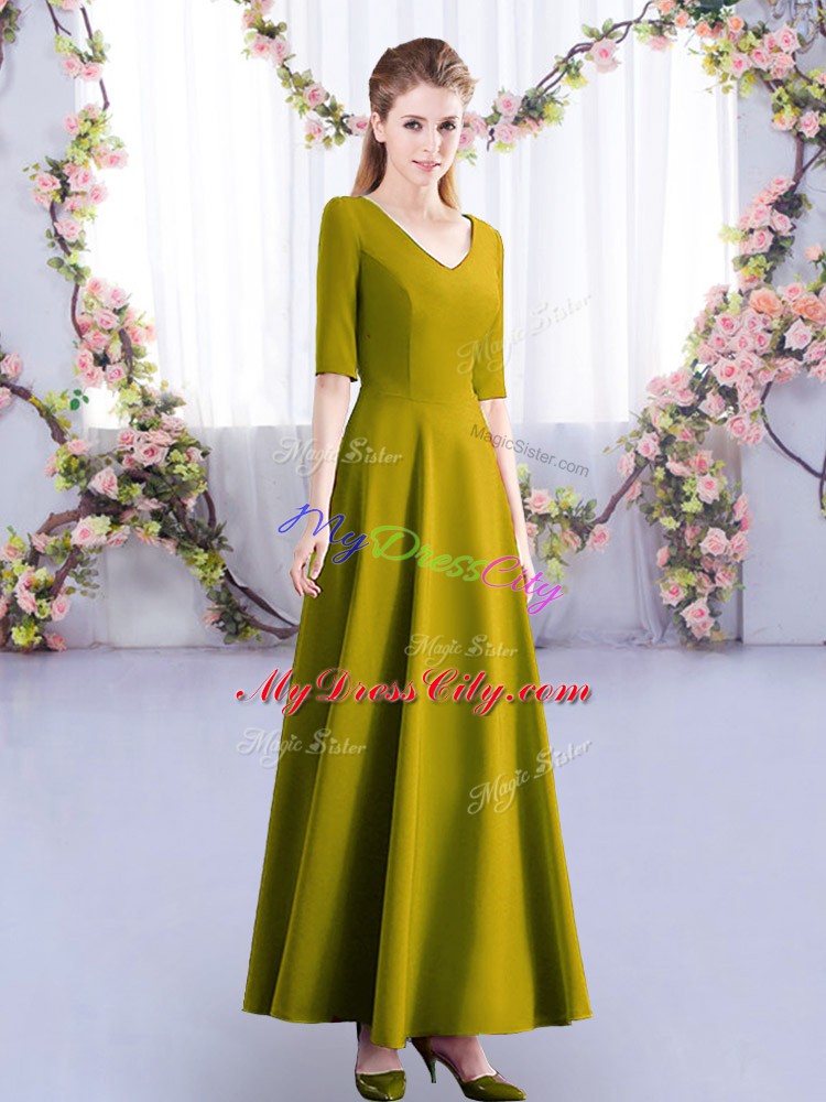 Luxurious Olive Green V-neck Zipper Ruching Bridesmaid Dresses Half Sleeves