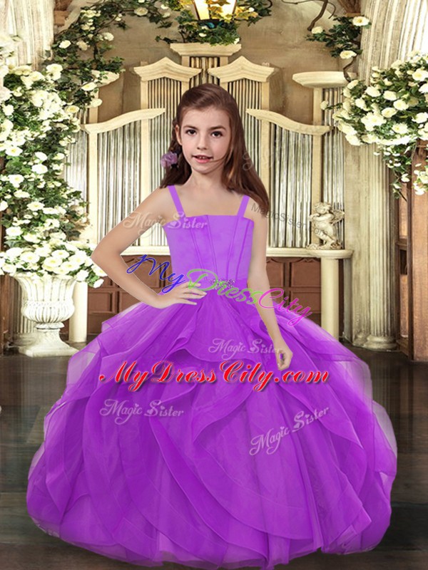 Perfect Floor Length Purple Pageant Dress for Girls Tulle Sleeveless Ruffles