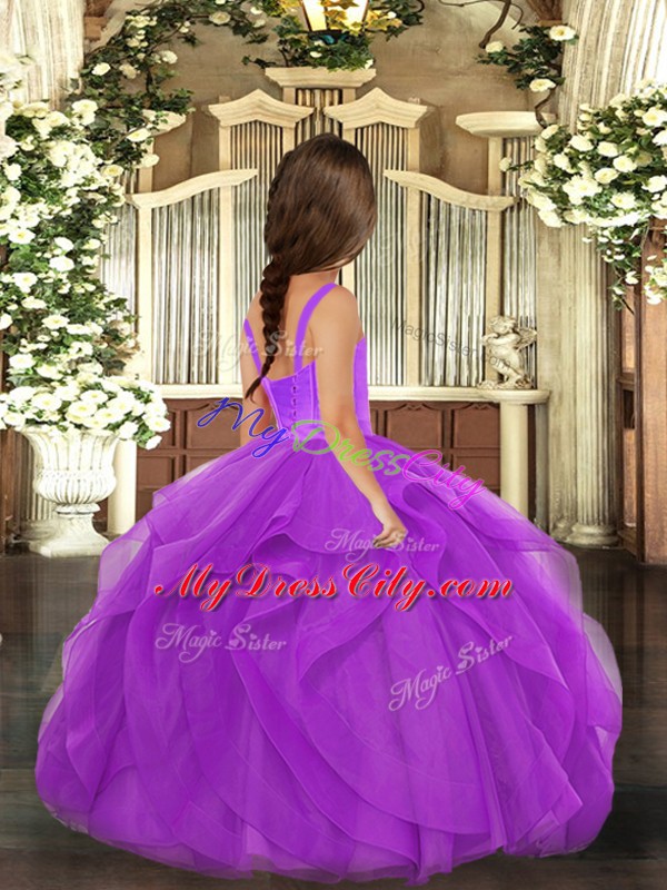 Perfect Floor Length Purple Pageant Dress for Girls Tulle Sleeveless Ruffles