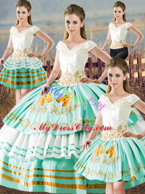 Suitable Floor Length Apple Green Sweet 16 Dress Satin Sleeveless Embroidery and Ruffled Layers