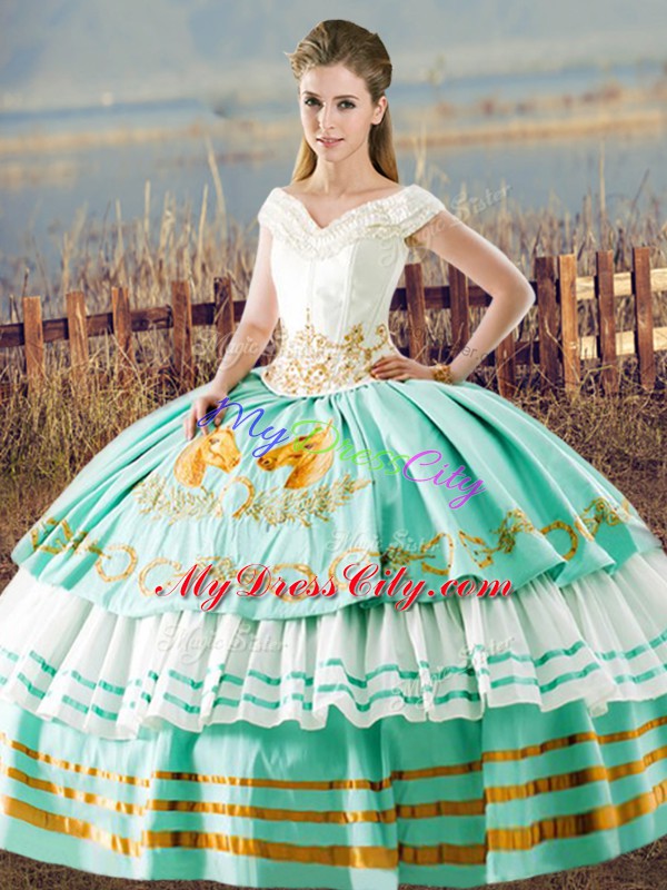 Suitable Floor Length Apple Green Sweet 16 Dress Satin Sleeveless Embroidery and Ruffled Layers