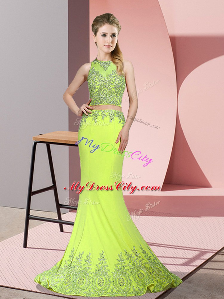 Yellow Green Cocktail Dress Prom and Party with Beading and Appliques High-neck Sleeveless Sweep Train Zipper