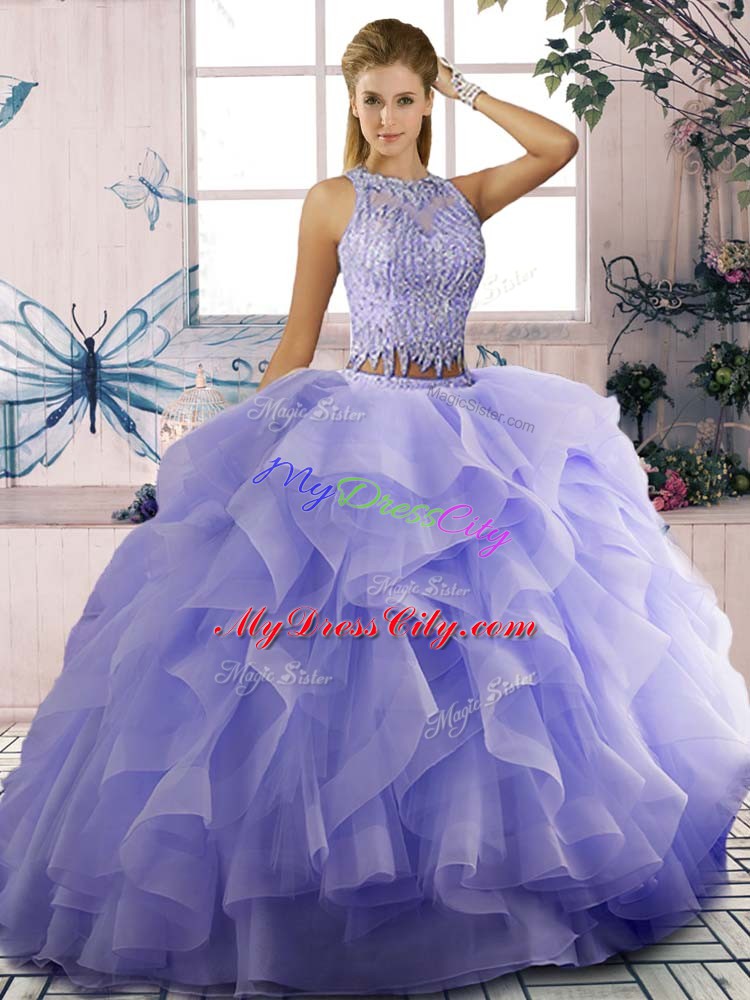 Lavender Vestidos de Quinceanera Sweet 16 and Quinceanera with Beading and Ruffles Scoop Sleeveless Zipper