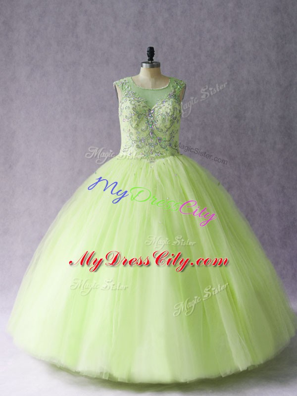 Enchanting Ball Gowns 15th Birthday Dress Yellow Green Scoop Tulle Sleeveless Floor Length Lace Up