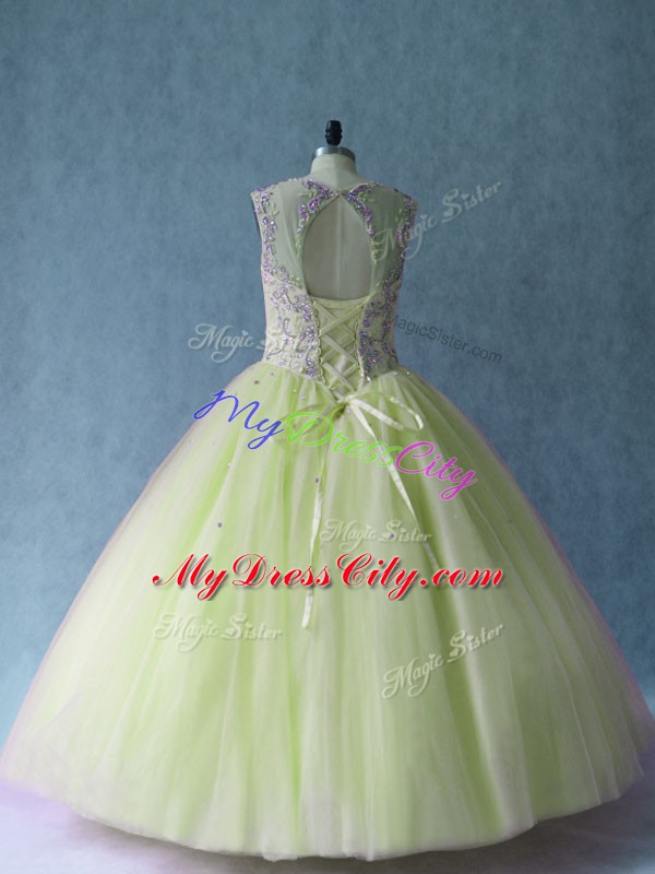 Enchanting Ball Gowns 15th Birthday Dress Yellow Green Scoop Tulle Sleeveless Floor Length Lace Up