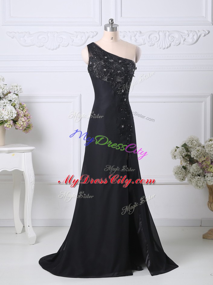 Inexpensive Taffeta One Shoulder Sleeveless Brush Train Side Zipper Beading and Lace Prom Evening Gown in Black