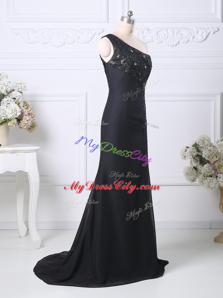 Inexpensive Taffeta One Shoulder Sleeveless Brush Train Side Zipper Beading and Lace Prom Evening Gown in Black