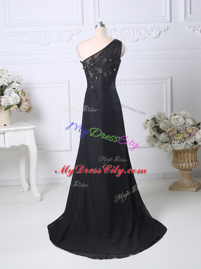 Inexpensive Taffeta One Shoulder Sleeveless Brush Train Side Zipper Beading and Lace Prom Evening Gown in Black