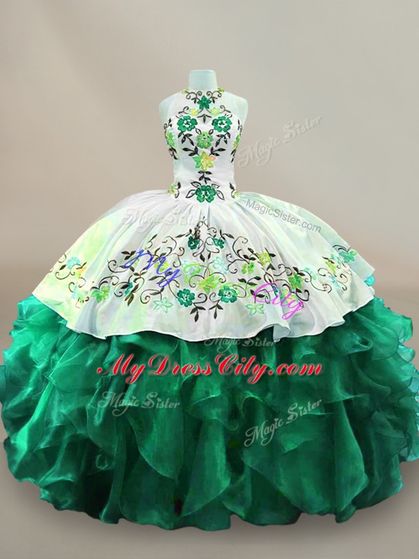 Custom Made Dark Green Sleeveless Embroidery Floor Length Quinceanera Dress