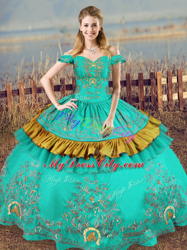 Turquoise Off The Shoulder Neckline Embroidery Vestidos de Quinceanera Sleeveless Lace Up