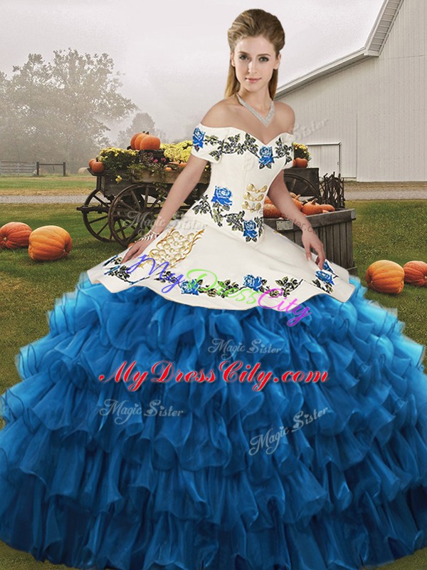 Pretty Blue And White Sleeveless Floor Length Embroidery and Ruffled Layers Lace Up Quinceanera Dress