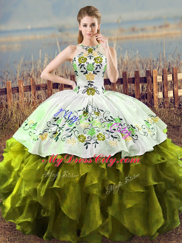 Inexpensive Olive Green Lace Up Halter Top Embroidery and Ruffles 15 Quinceanera Dress Organza Sleeveless