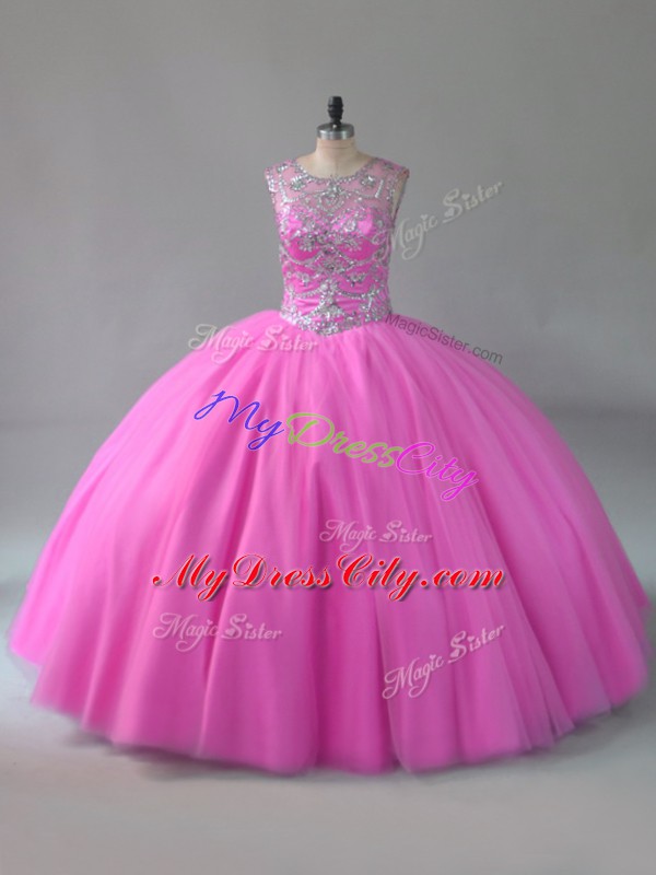 Hot Sale Rose Pink Sleeveless Floor Length Beading Lace Up Sweet 16 Quinceanera Dress