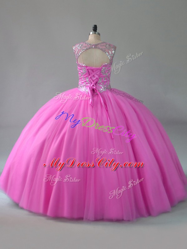 Hot Sale Rose Pink Sleeveless Floor Length Beading Lace Up Sweet 16 Quinceanera Dress