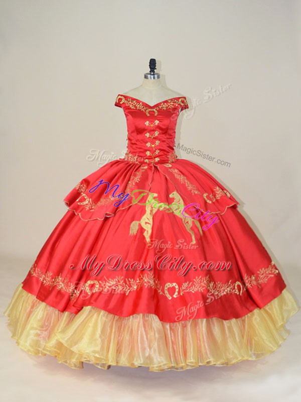 Red Off The Shoulder Neckline Embroidery Quinceanera Gown Sleeveless Lace Up