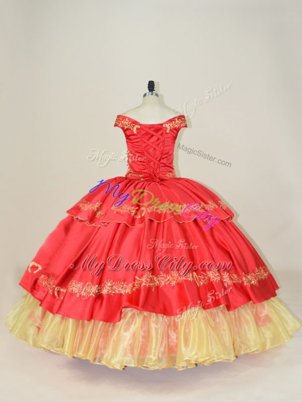 Red Off The Shoulder Neckline Embroidery Quinceanera Gown Sleeveless Lace Up