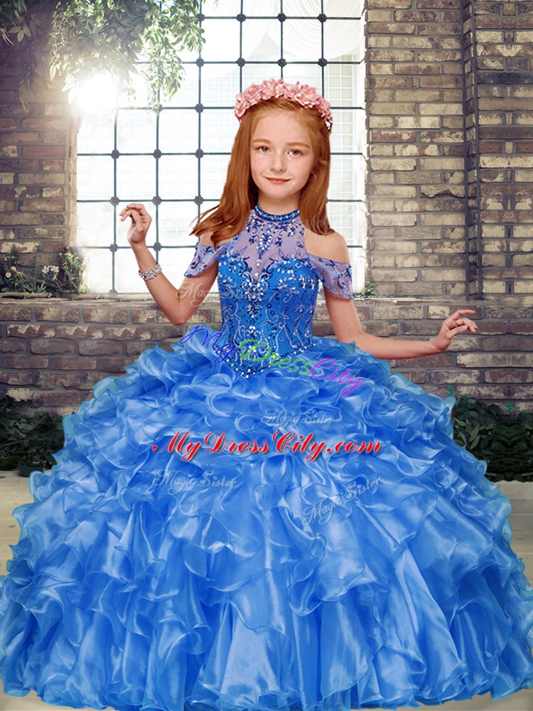 Organza High-neck Sleeveless Lace Up Beading and Ruffles Pageant Dress for Teens in Blue