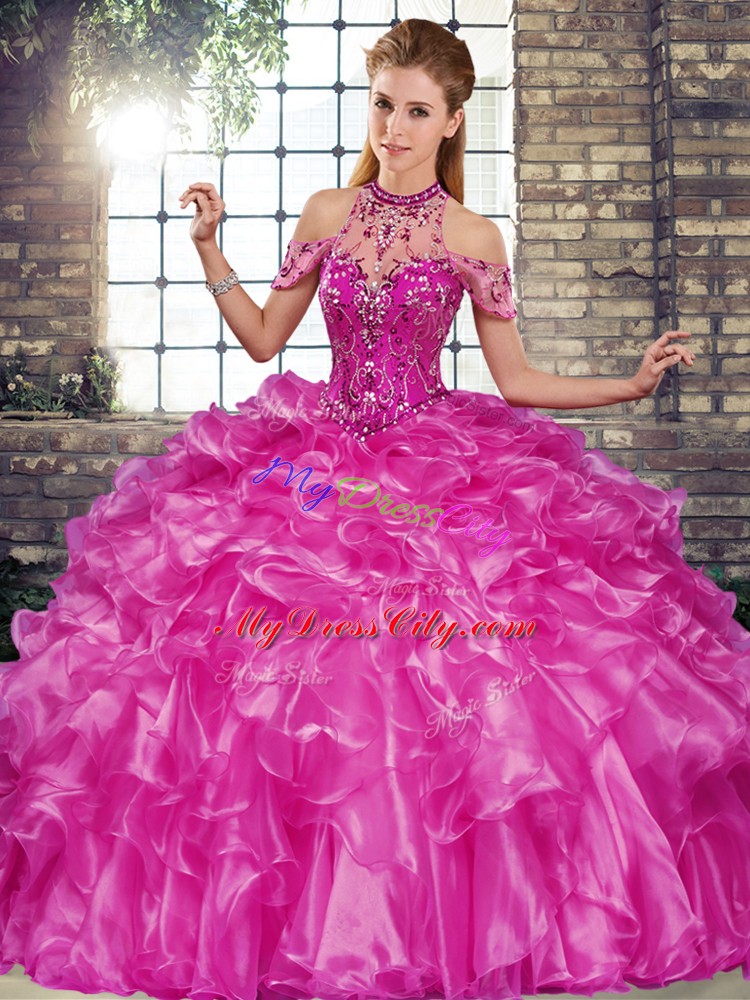 Sumptuous Ball Gowns Sweet 16 Quinceanera Dress Fuchsia Halter Top Organza Sleeveless Floor Length Lace Up