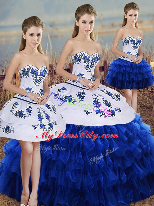 Royal Blue Organza Lace Up Sweetheart Sleeveless Floor Length Quince Ball Gowns Embroidery and Ruffled Layers and Bowknot