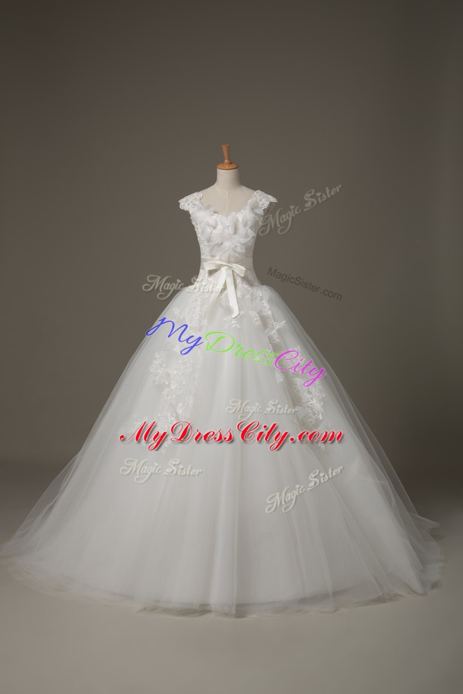 White Ball Gowns Tulle V-neck Sleeveless Lace and Appliques and Belt and Hand Made Flower Lace Up Wedding Gown Brush Train