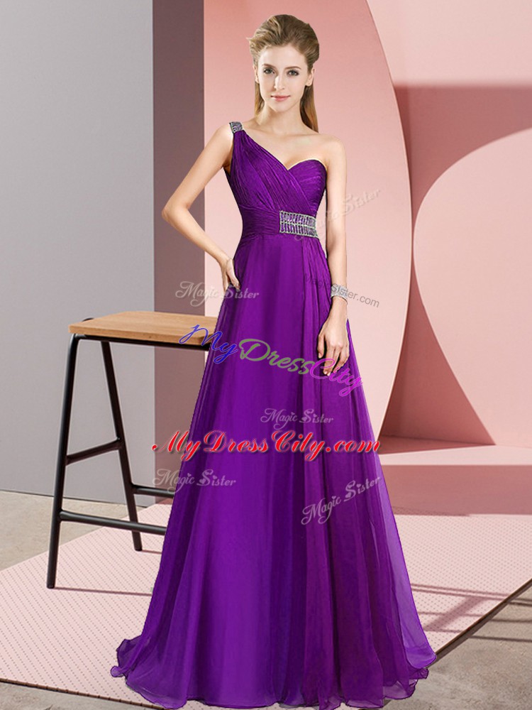 Beautiful Purple Chiffon Criss Cross Evening Gowns Sleeveless Brush Train Beading