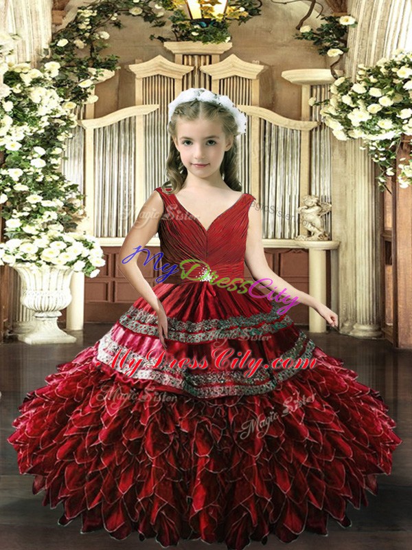 Sleeveless Floor Length Beading and Appliques and Ruffles Backless Pageant Dress Toddler with Red